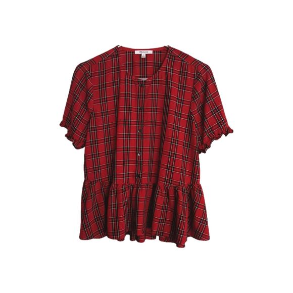 Madewell Tops - Madewell  Womens M Red Black Plaid  Ruffle Babydoll Short Sleeves Top Button Up